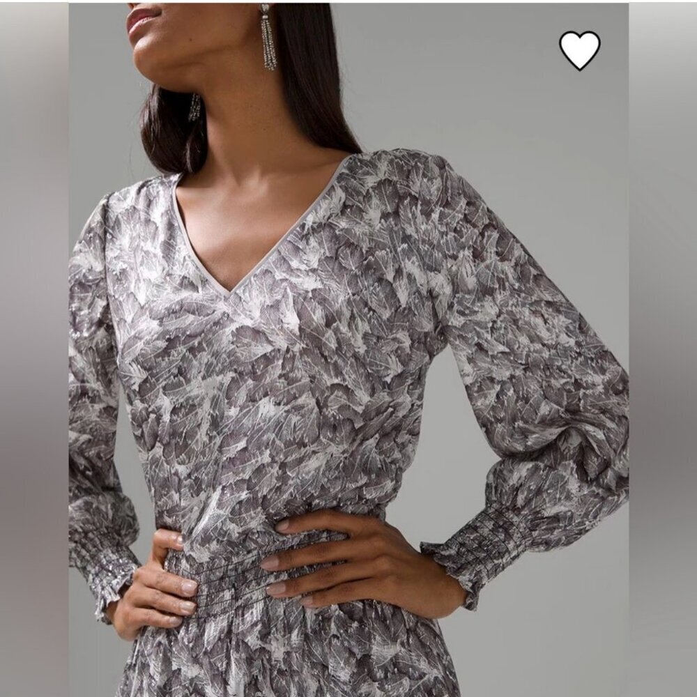 White House Silver Metallic Long Sleeve Petite Smocked Blouson Mini Dress XXS - Picture 4 of 14